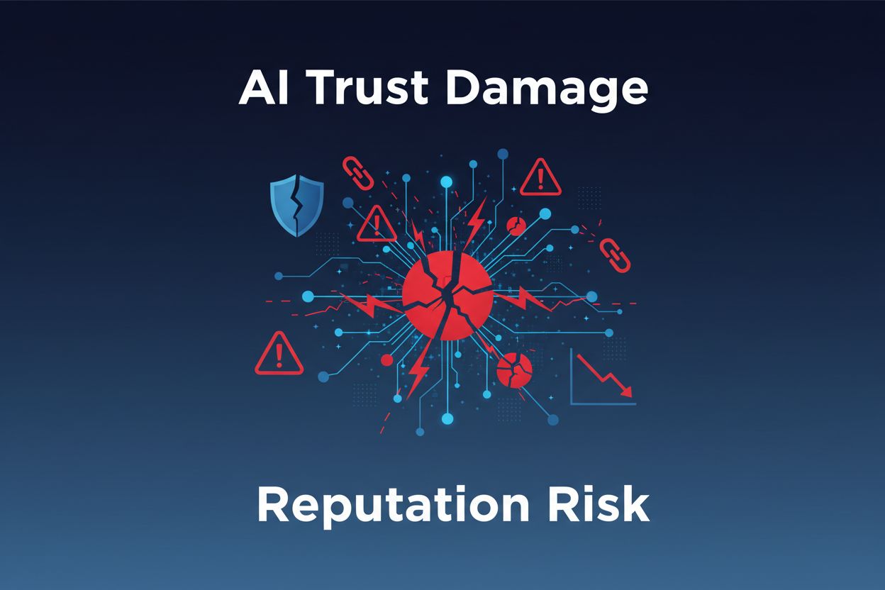 AI Trust Damage and Reputation Risk - Digital network with broken connections and warning indicators