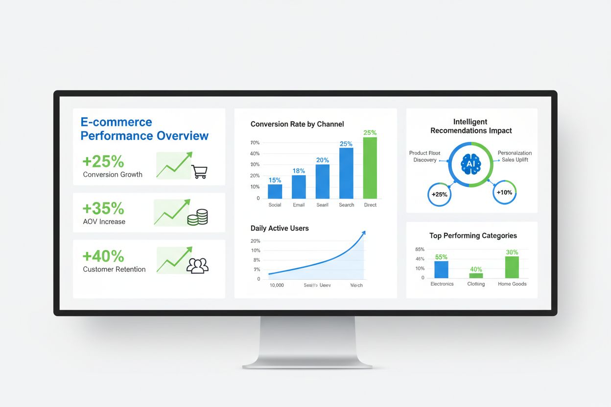 Analytics dashboard showing conversion growth, AOV increase, and customer retention metrics