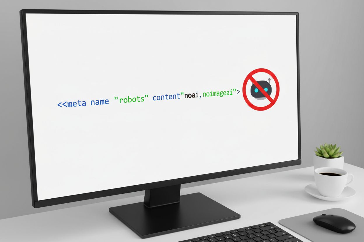 HTML code editor showing NoAI meta tag syntax with AI bot being blocked