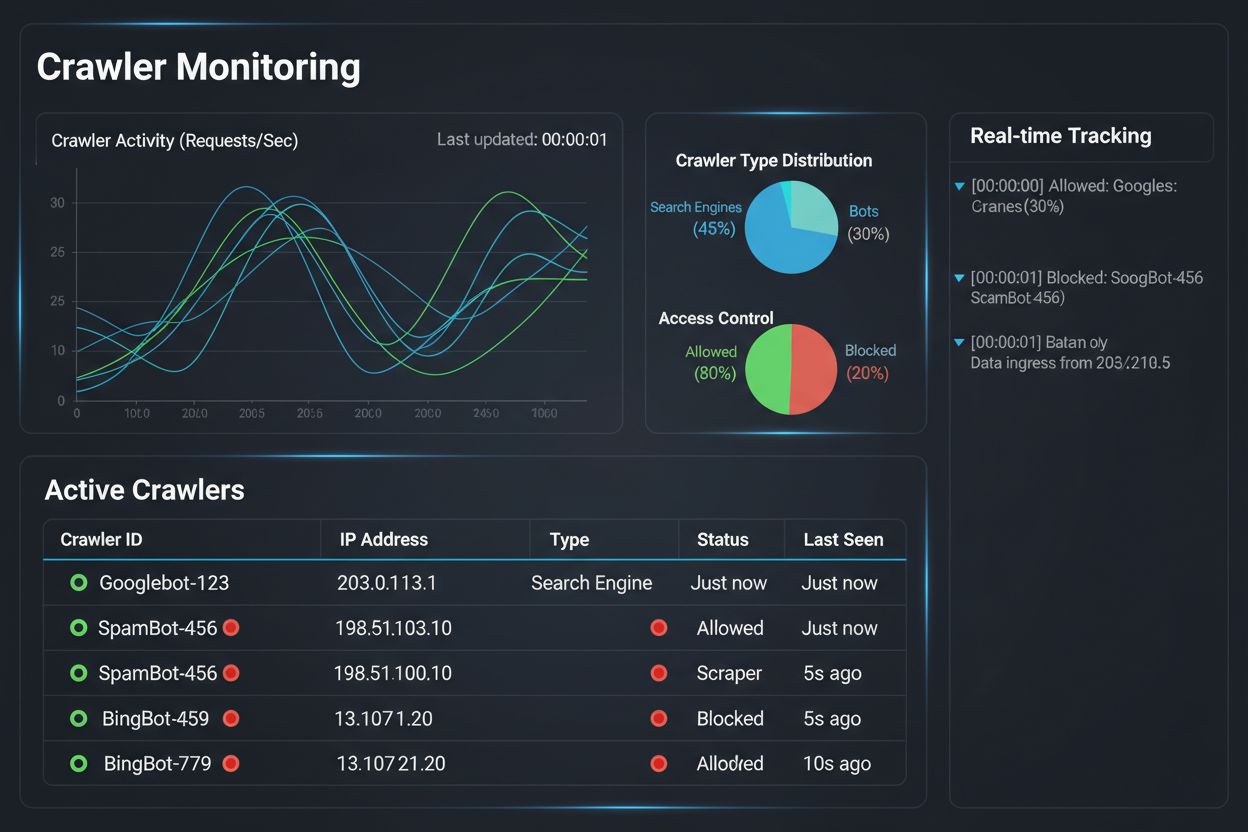 Professional analytics dashboard showing real-time crawler monitoring, access control, and traffic analysis metrics