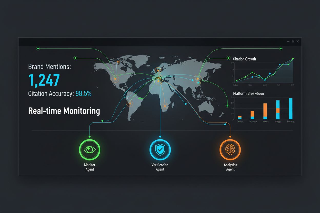Brand monitoring dashboard showing AI agents tracking brand mentions and citations in real-time