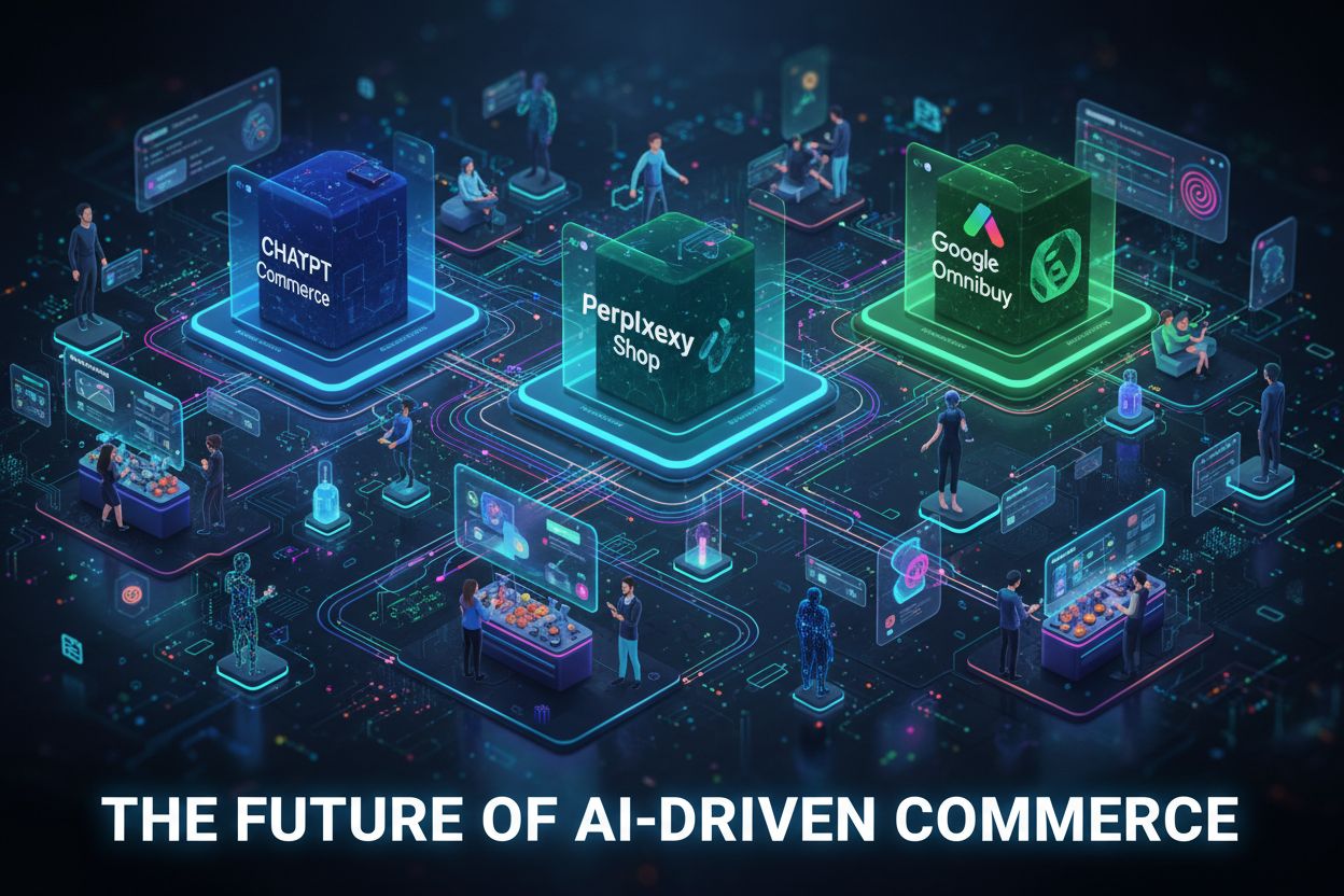 Future of AI-driven commerce ecosystem with multiple platforms and merchants