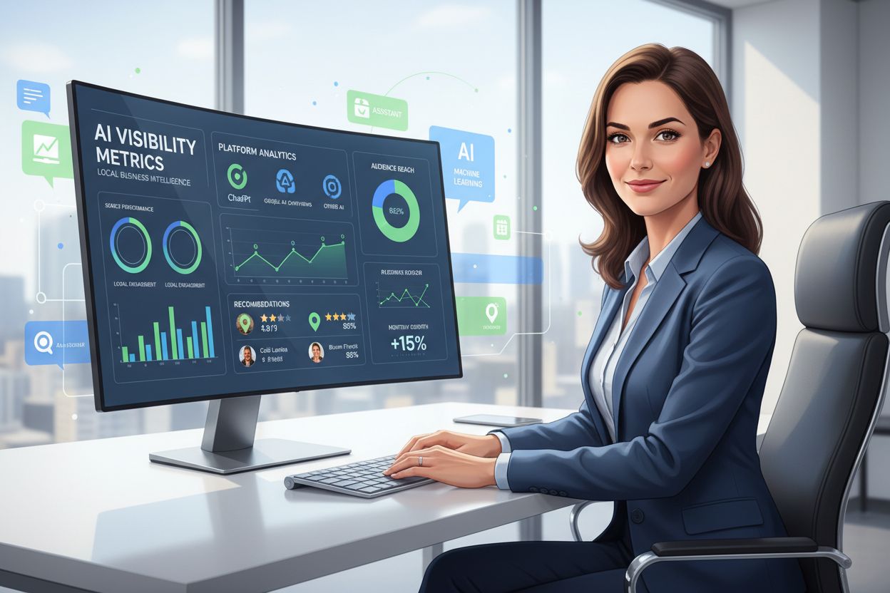 Business owner monitoring AI visibility metrics and analytics across multiple platforms