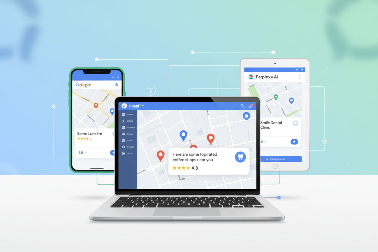 Multiple AI platforms displaying local business recommendations on different devices