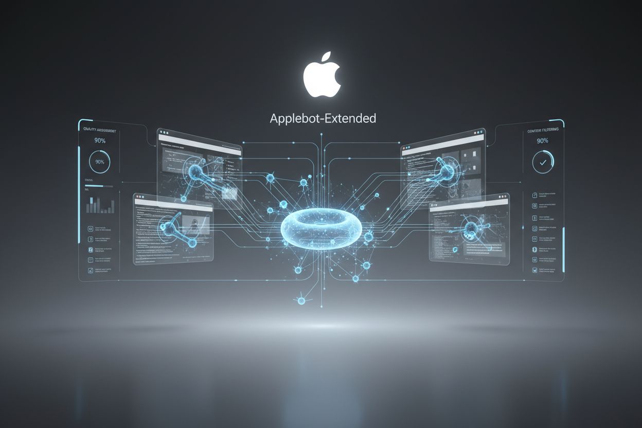 Applebot-Extended web crawler analyzing internet content with neural network visualization