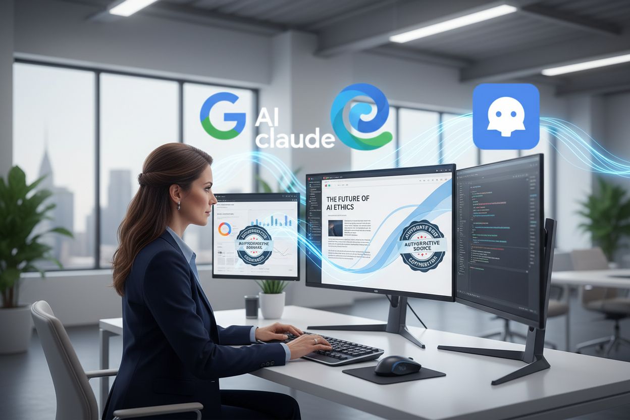 Expert contributor writing for authoritative publications with AI systems in background