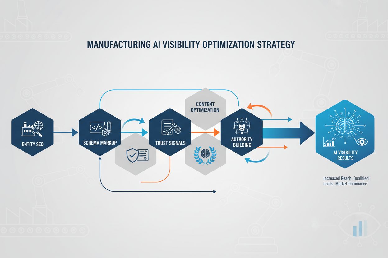 Manufacturing AI visibility optimization strategy workflow showing progression from Entity SEO through AI Visibility Results