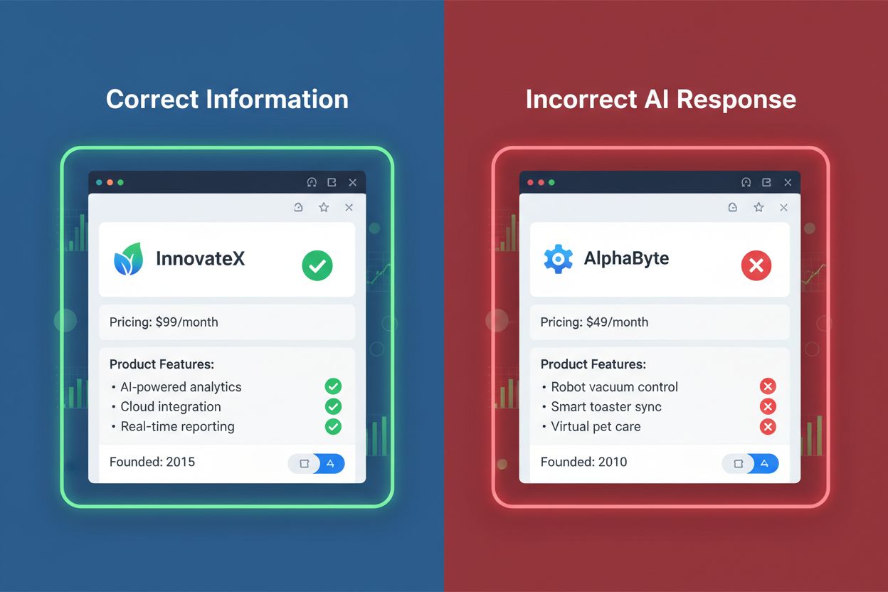 Split-screen comparison of correct vs incorrect brand information in AI interface