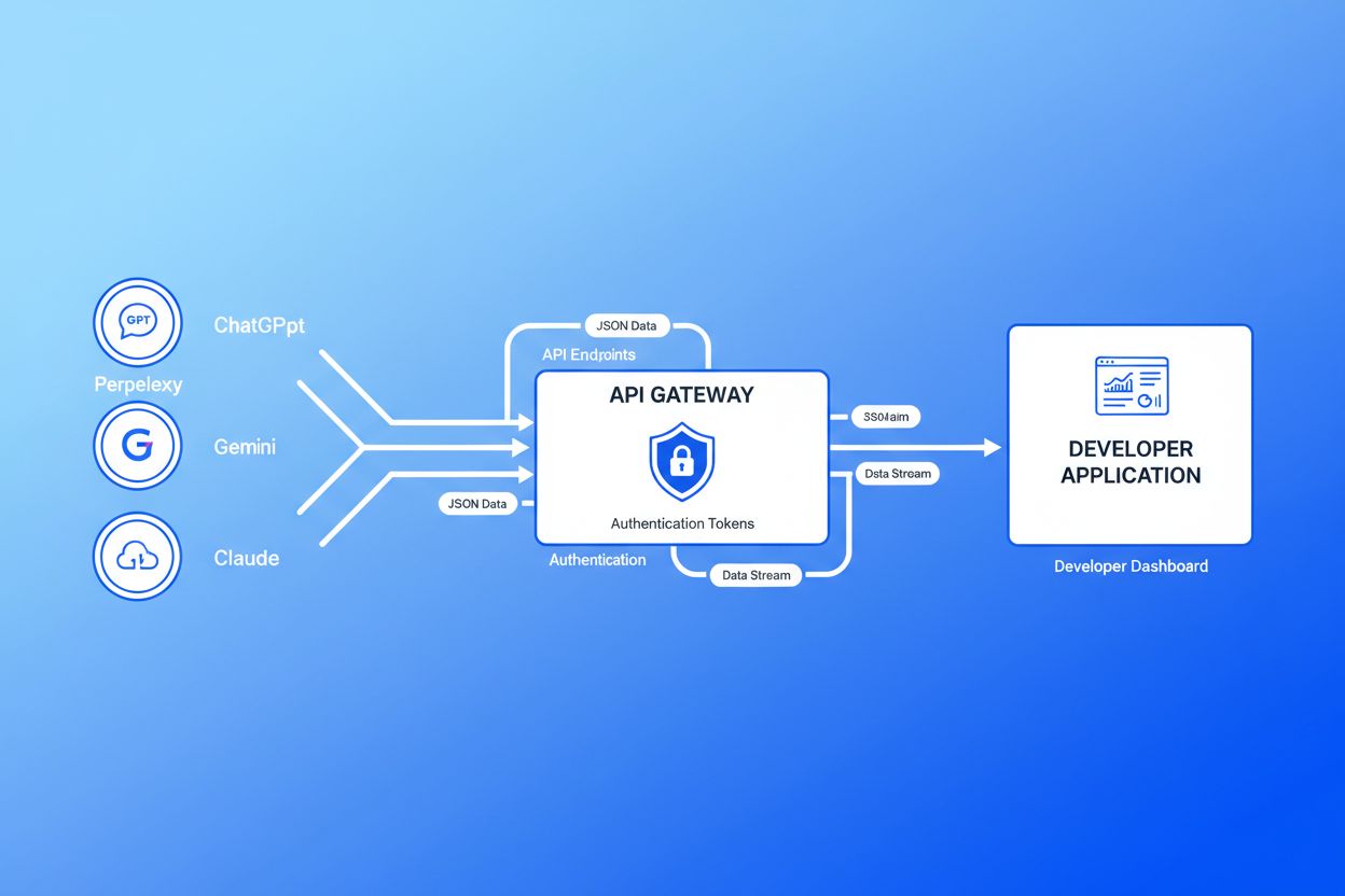 API architecture diagram showing data flow from AI platforms through API gateway to developer applications