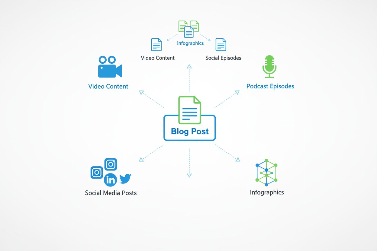 Content transformation showing blog post converting into multiple formats including video, podcast, social media, and infographics