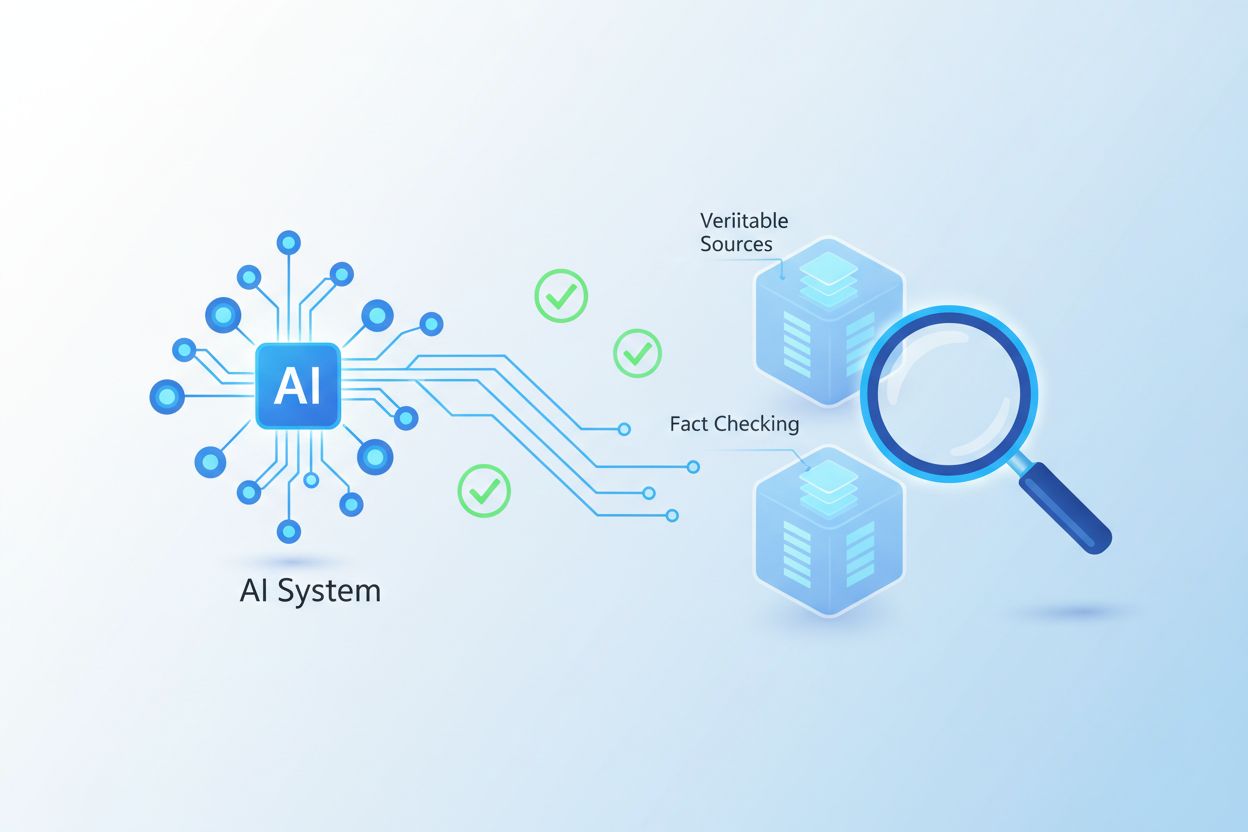 AI system connected to verifiable data sources with verification checkmarks