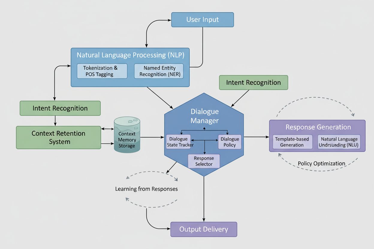 Technical system architecture diagram showing dialogue management flow with NLP, intent recognition, and response generation