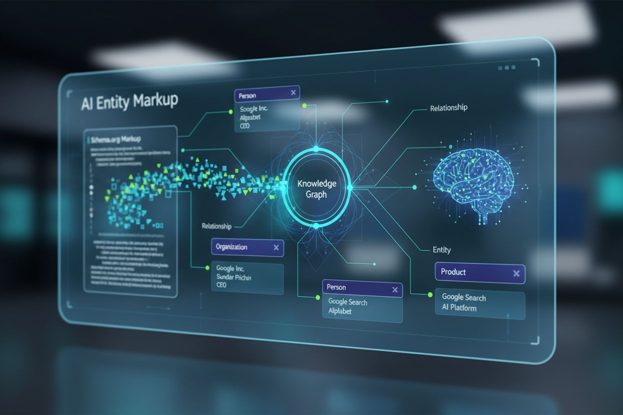 AI Entity Markup concept visualization showing structured data blocks and knowledge graph connections
