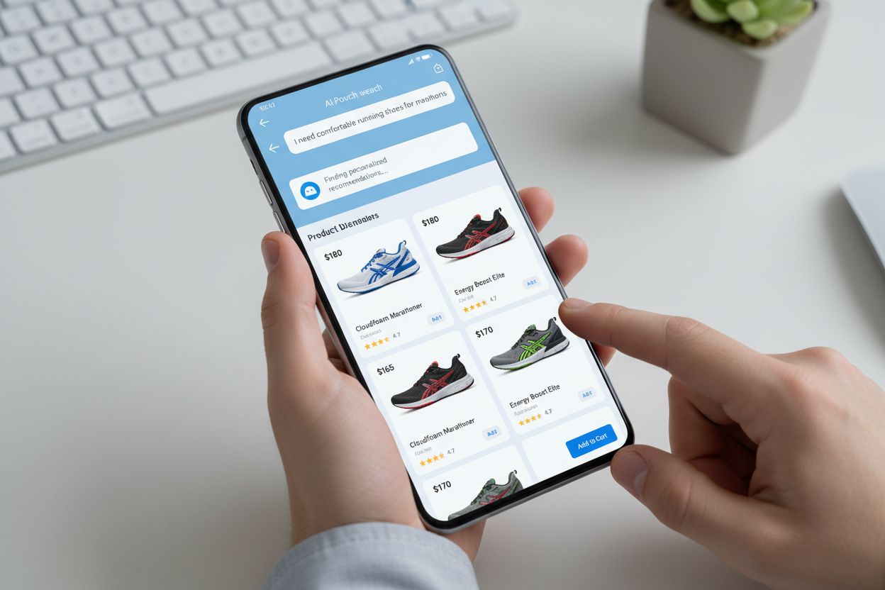 AI Product Discovery interface showing conversational AI chatbot helping customer find running shoes with personalized recommendations