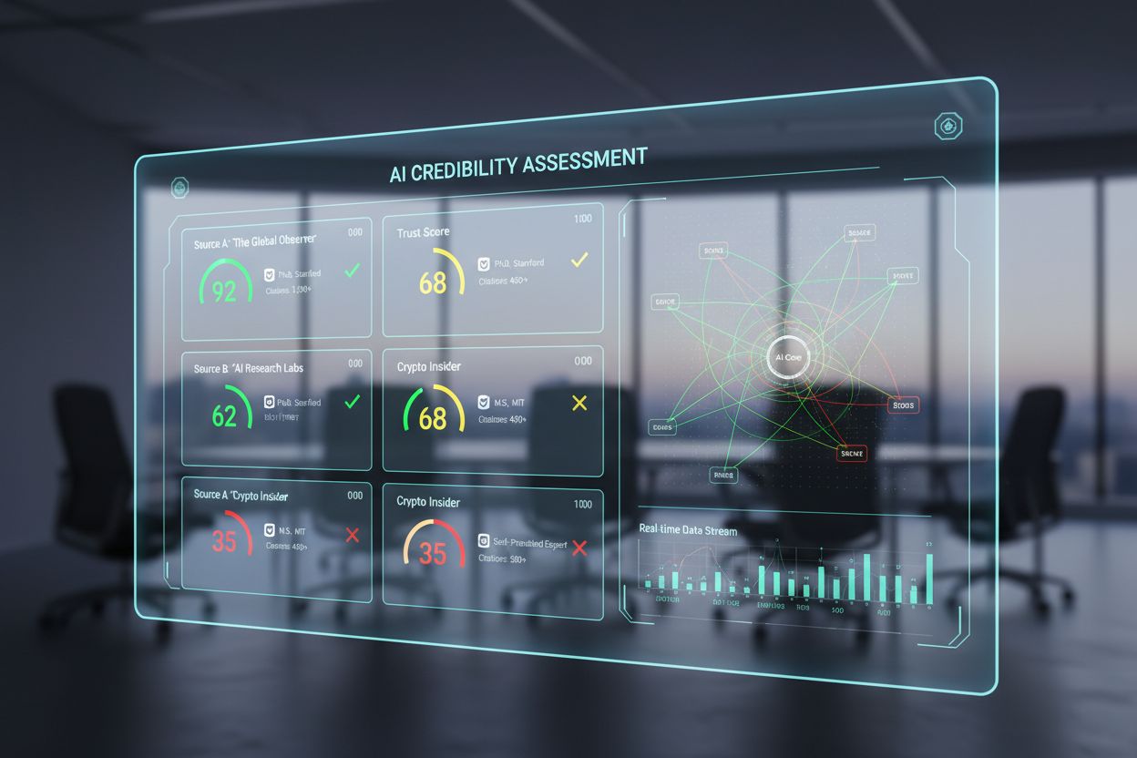 AI credibility assessment dashboard showing multiple sources being evaluated with credibility scores, author credentials badges, citation counts, and verification checkmarks