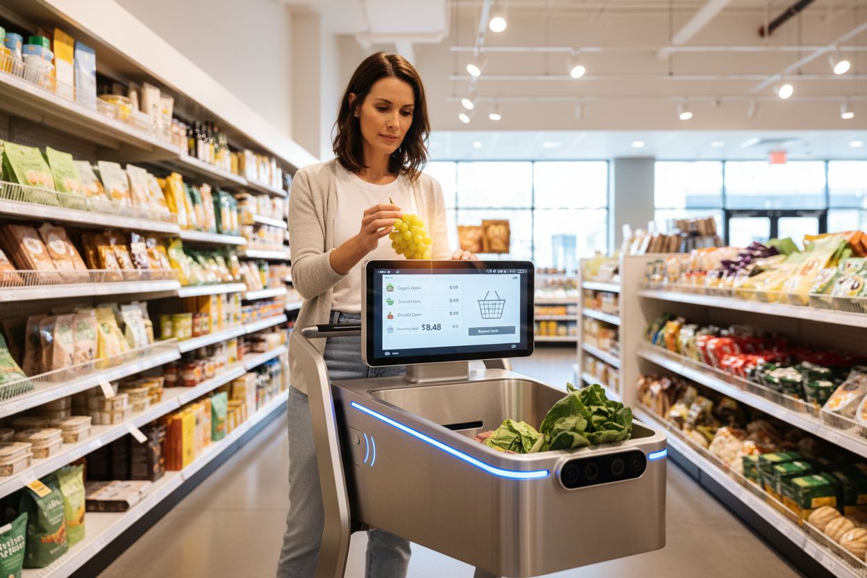 AI-powered shopping cart with digital display in modern grocery store