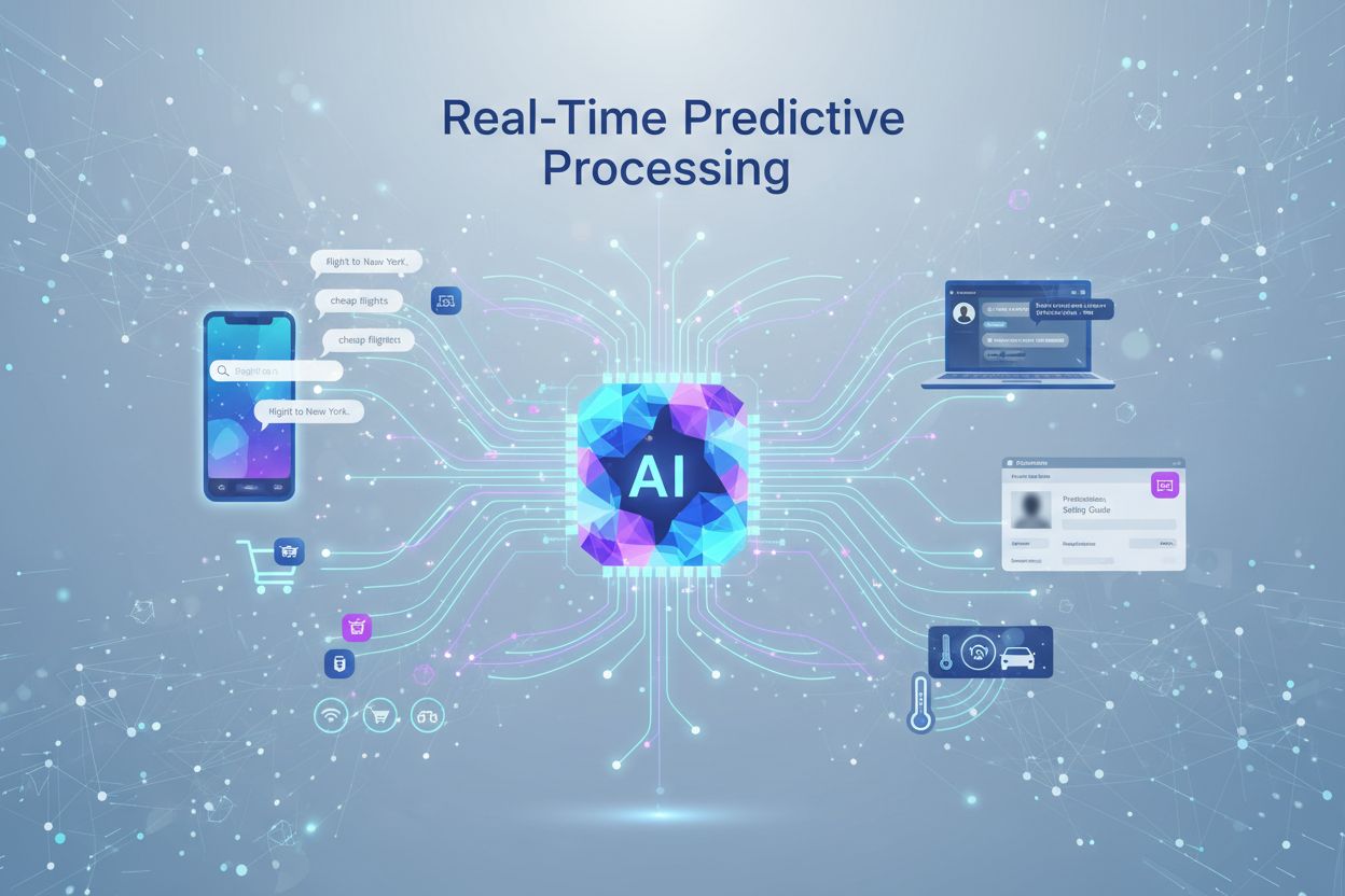 Real-time predictive AI processing across multiple customer touchpoints showing data integration and intelligent decision-making