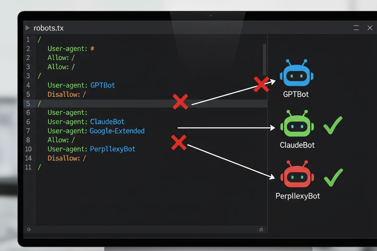 robots.txt file with AI crawler user agents and blocking directives