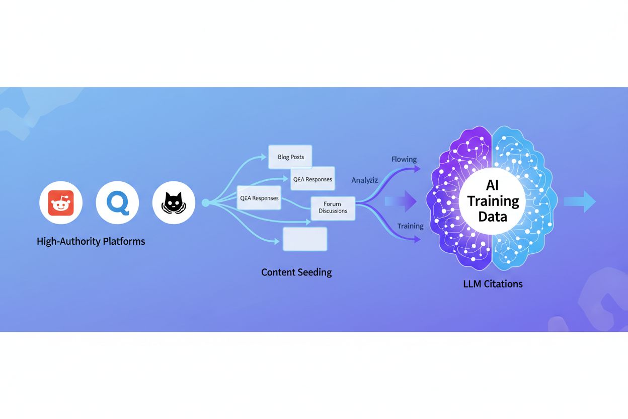 LLM Seeding concept showing content flowing from multiple platforms into AI training