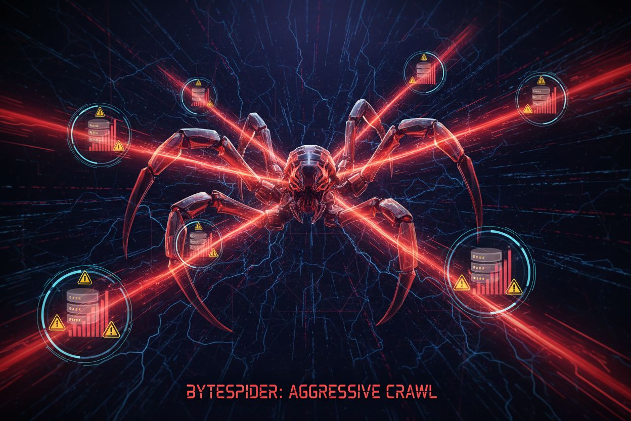 Dramatic visualization of aggressive web crawling activity with warning indicators and high-speed data transfer