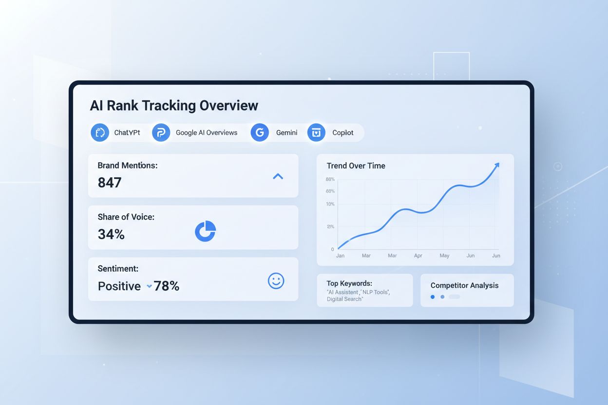 AI Rank Tracker Dashboard showing brand mentions and visibility metrics across multiple AI platforms
