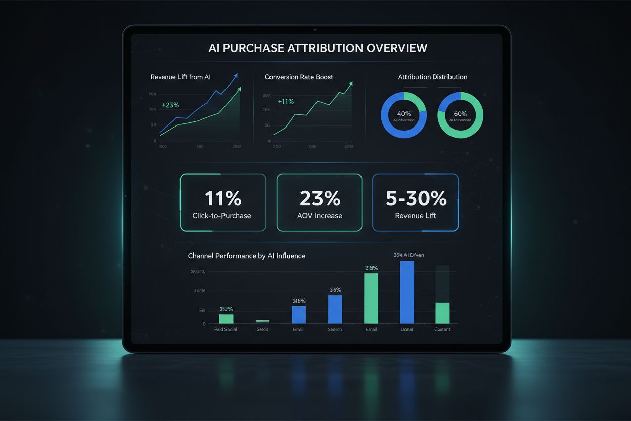 Professional analytics dashboard displaying AI purchase attribution metrics and KPIs