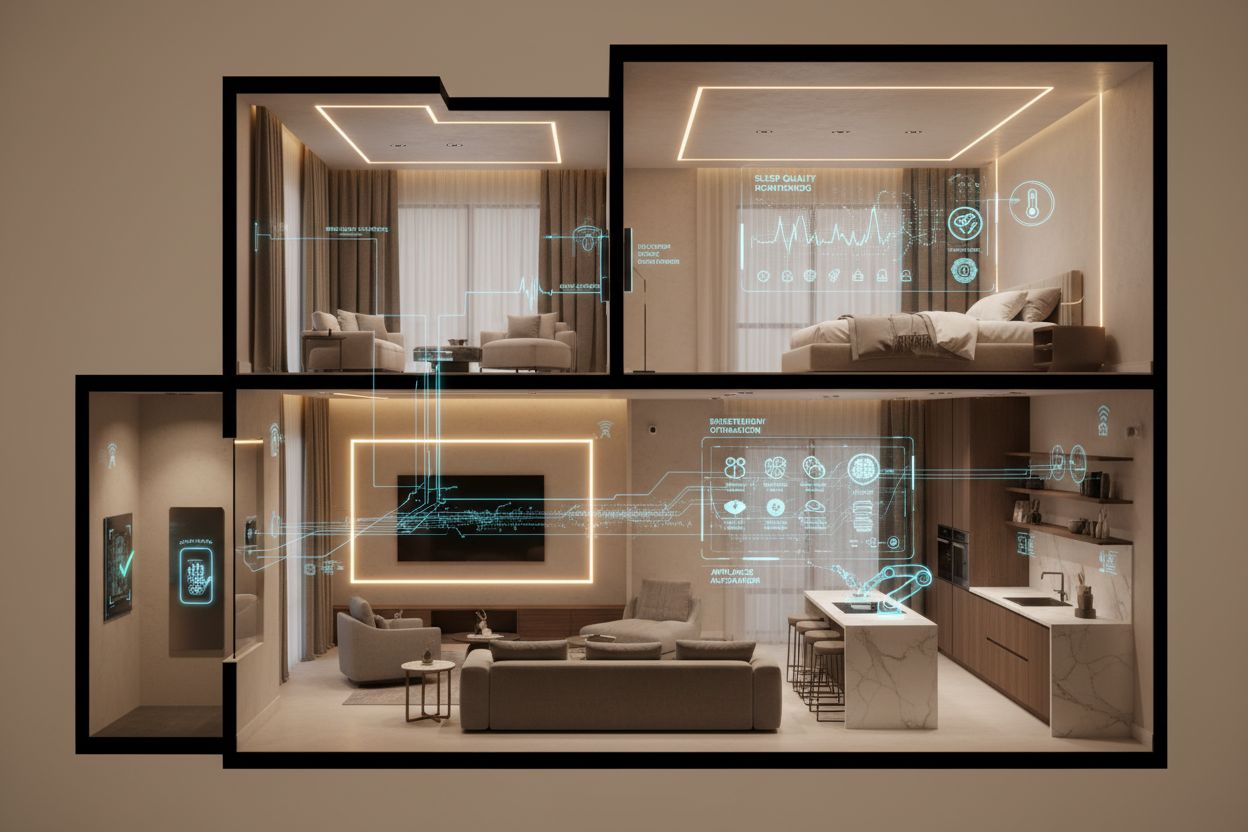 Smart home interior showing multiple rooms with different AI applications including living room entertainment, kitchen automation, bedroom comfort, and security entrance