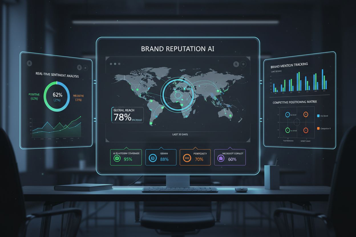 Analytics dashboard showing brand monitoring metrics across AI platforms with sentiment analysis and KPI tracking