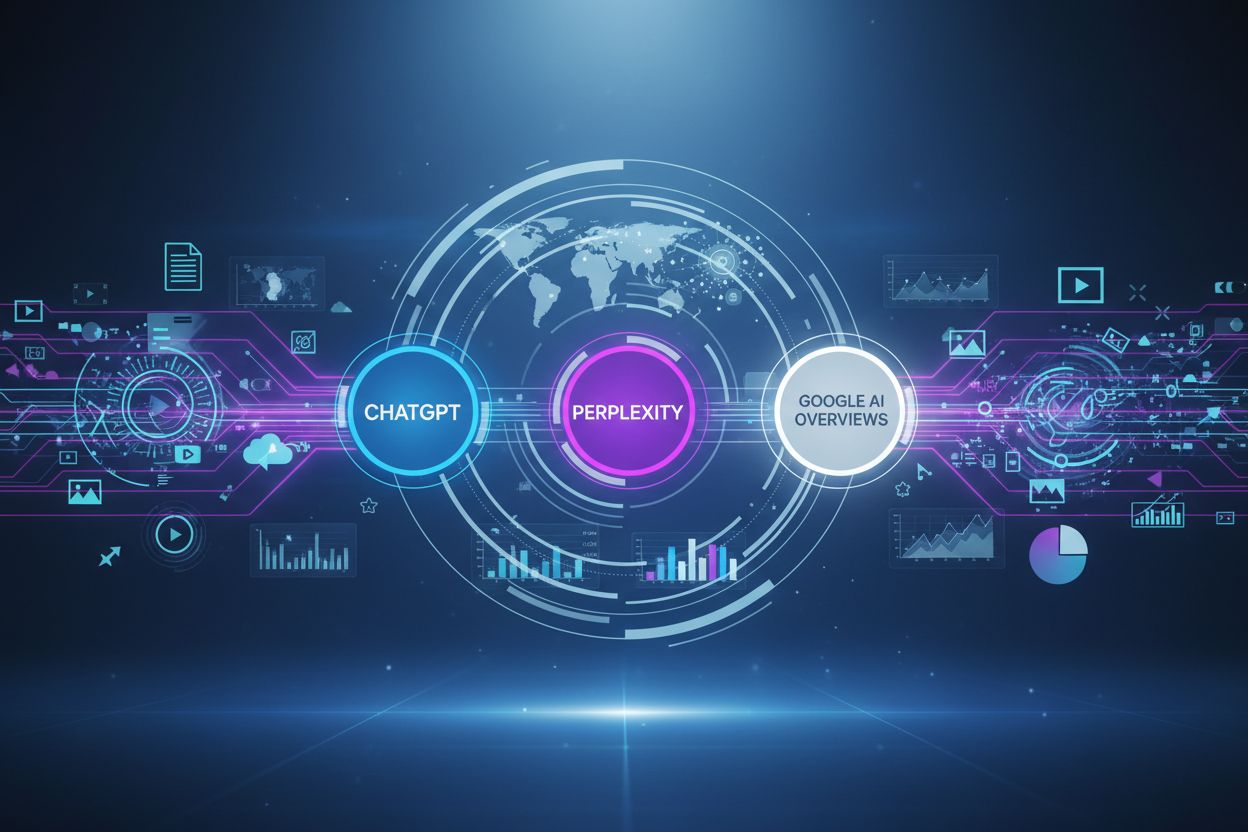 AI systems analyzing and processing content from multiple sources with interconnected platforms