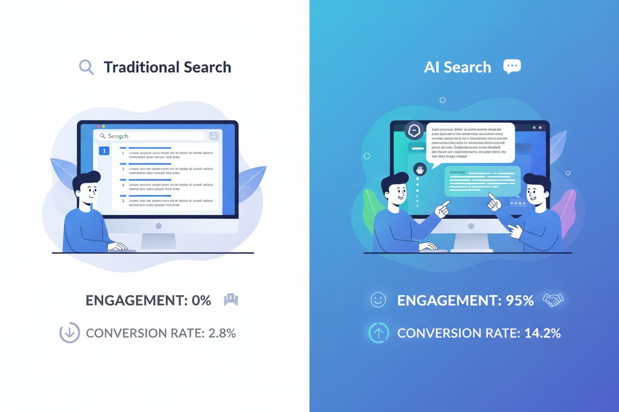 Comparison of traditional search versus AI search platforms showing market share distribution