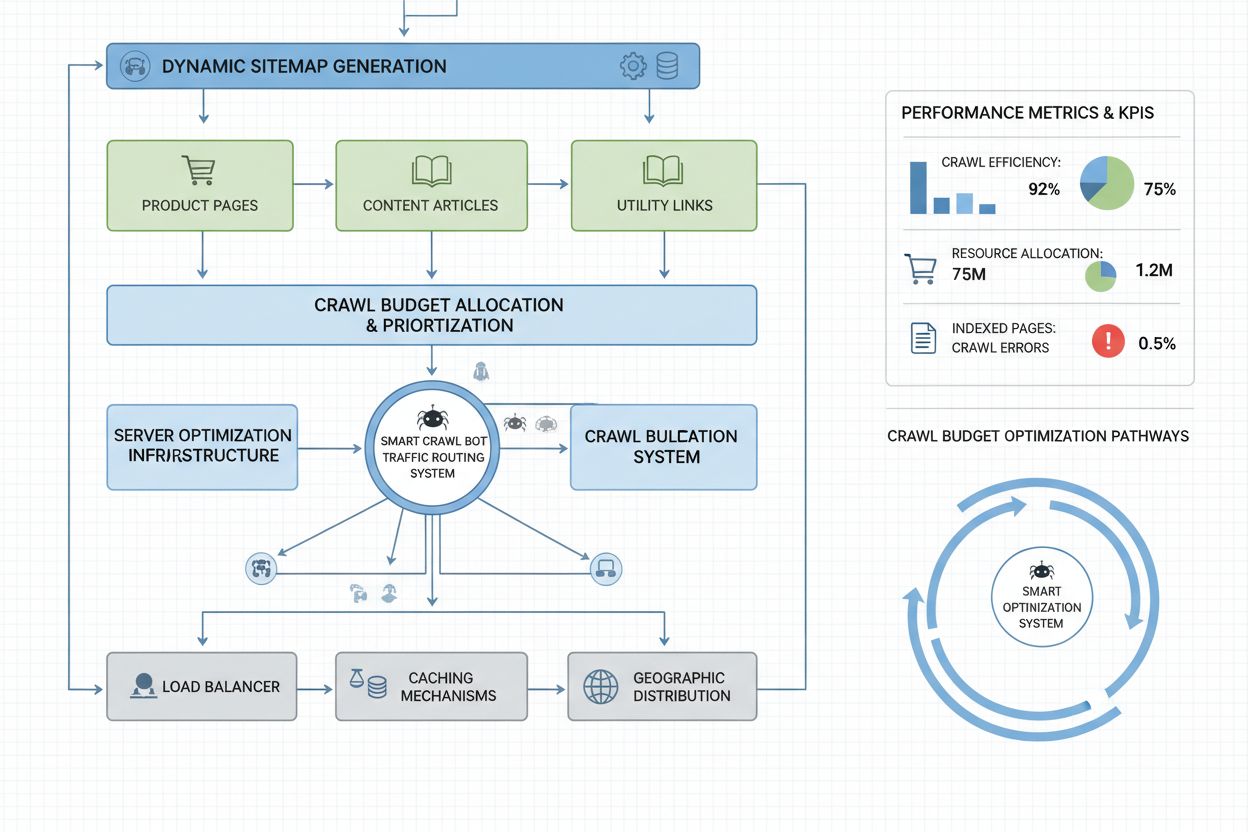 Advanced crawl budget optimization architecture showing dynamic sitemaps, URL segmentation, and server optimization layers