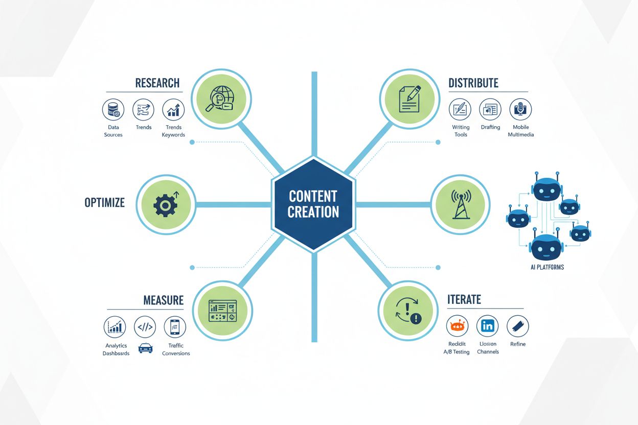 Content workflow pipeline showing journey from creation through distribution to AI visibility