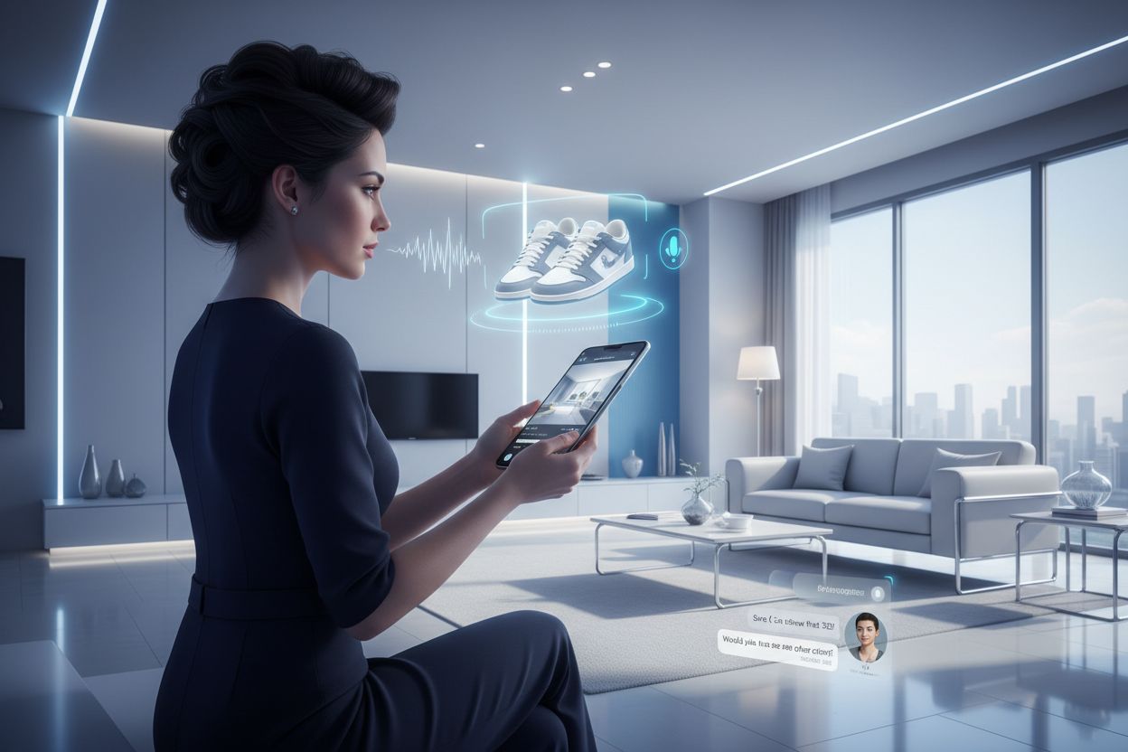Futuristic conversational commerce showing voice shopping, AR product visualization, and AI agent interaction