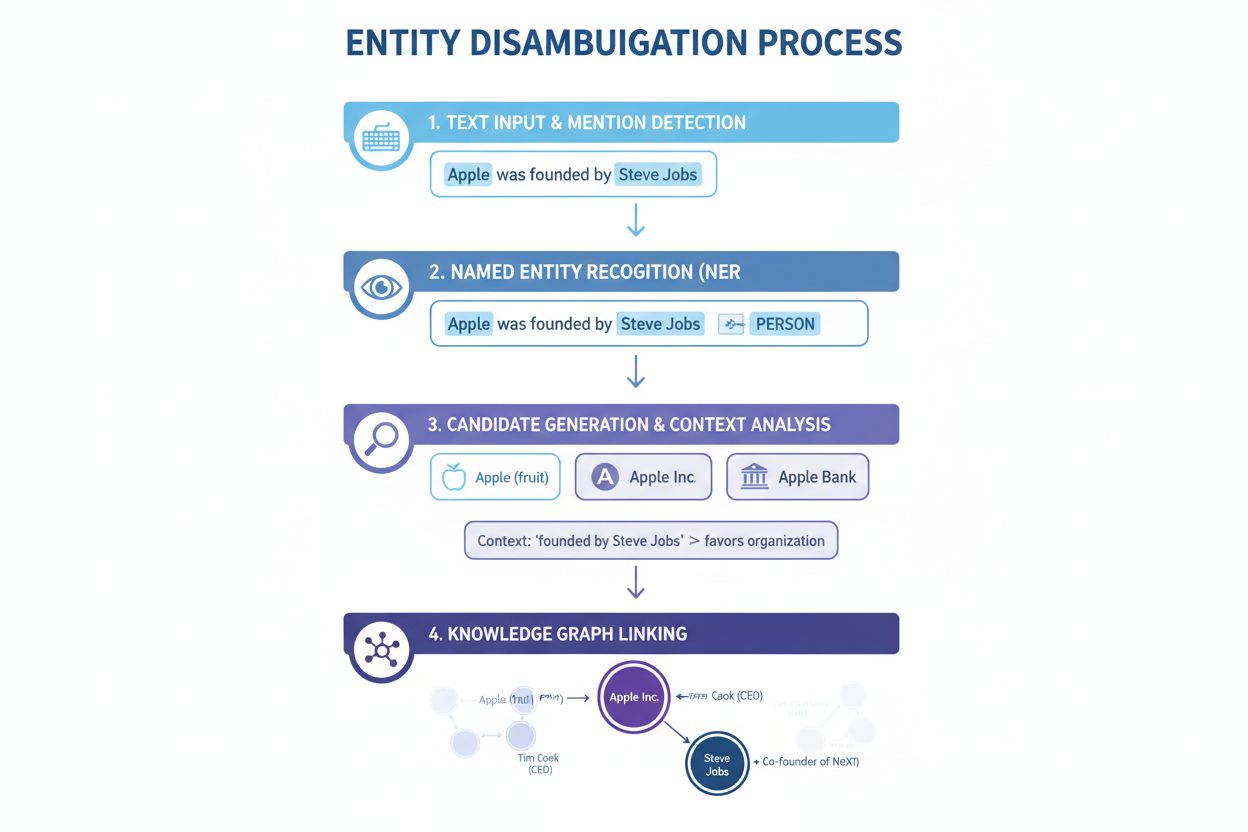 Entity Disambiguation Process Flow showing four steps from text input to knowledge graph linking
