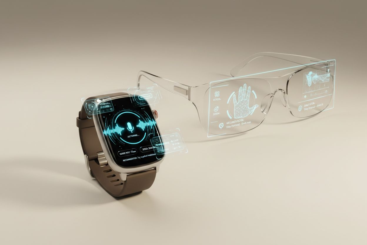 AI Wearable Integration - Smartwatch and AR glasses with AI interface visualization