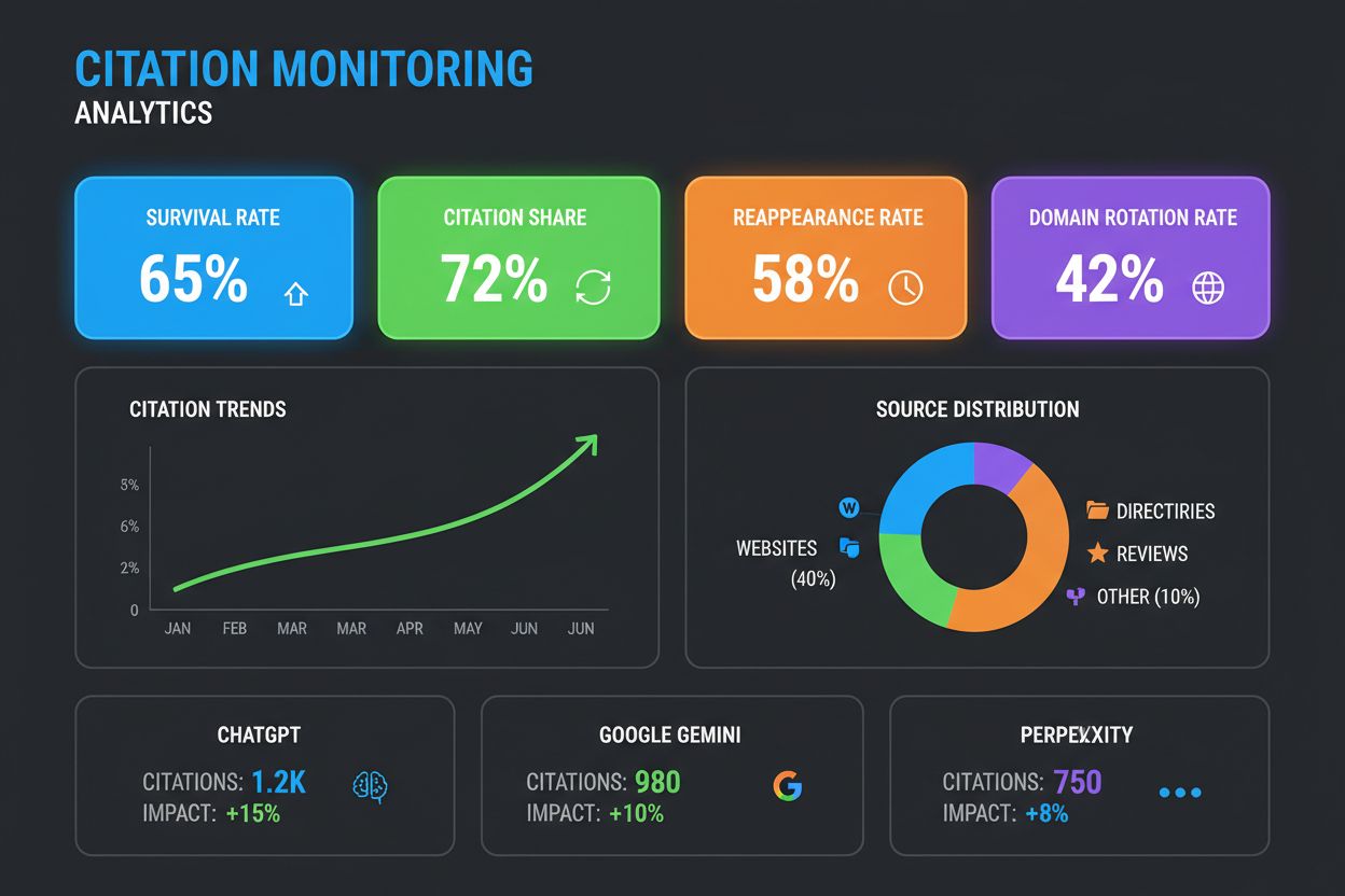 Citation monitoring dashboard showing metrics like survival rate, reappearance rate, and citation share across AI platforms