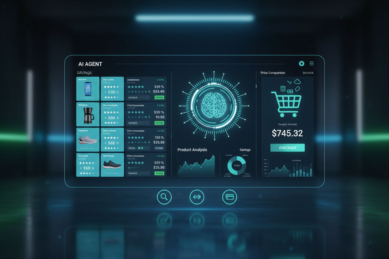 AI agent interface dashboard showing autonomous shopping with product comparison and automated checkout