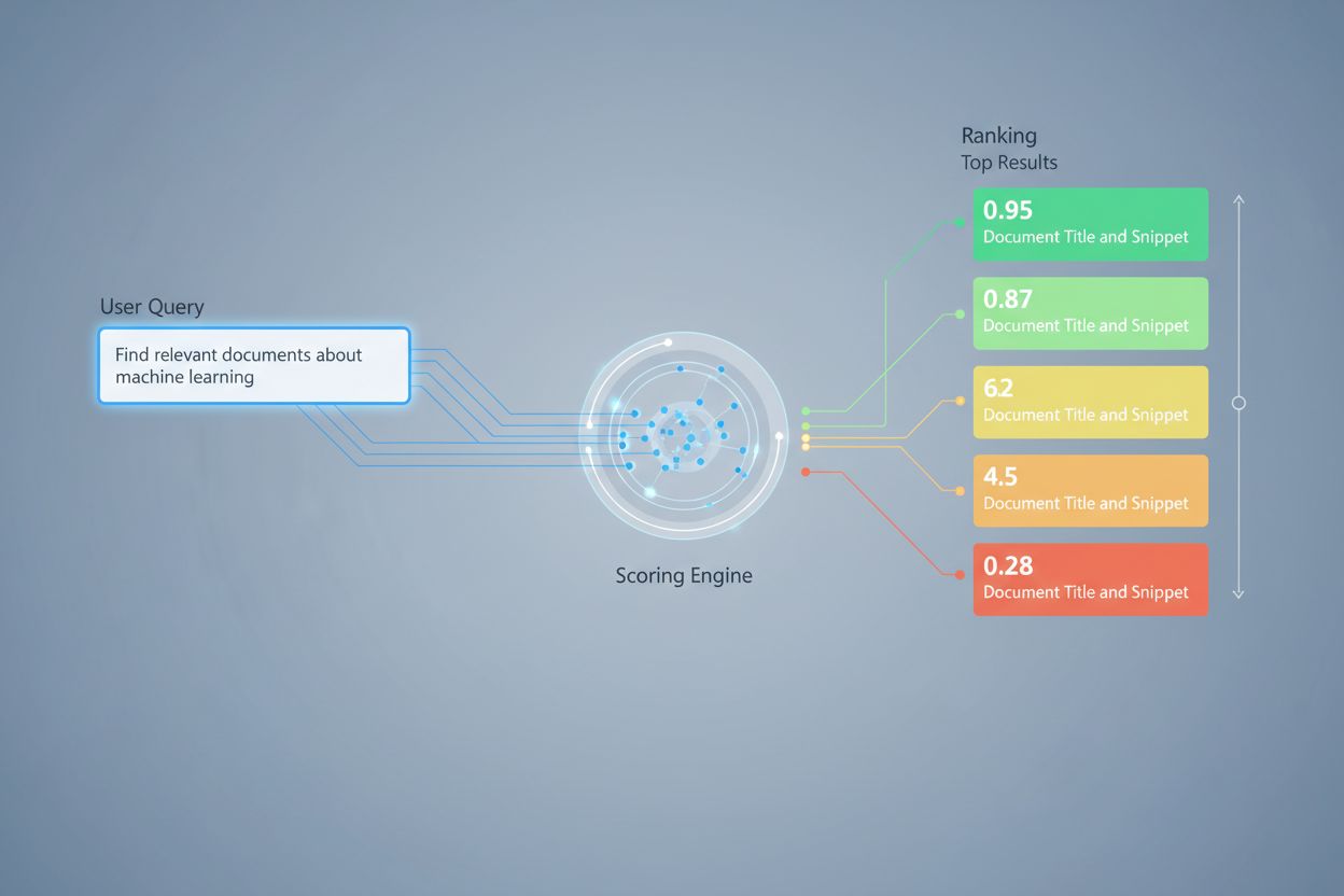 AI Retrieval Scoring System showing query evaluation and document ranking with relevance scores