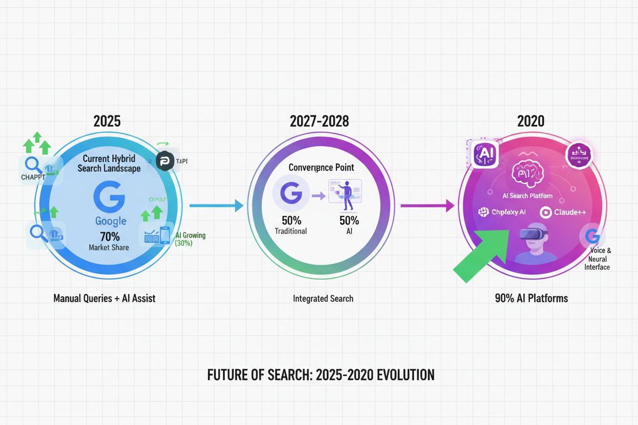Timeline showing evolution of search market share from 2025 to 2030 with AI search dominance projection