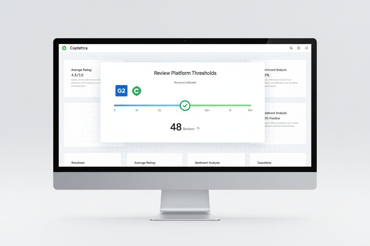 Review platform threshold dashboard showing progress toward 50+ reviews milestone