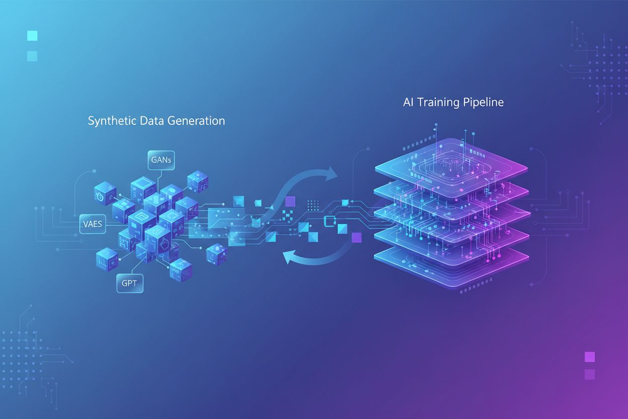 AI model training with synthetic data generation showing neural networks and data flow