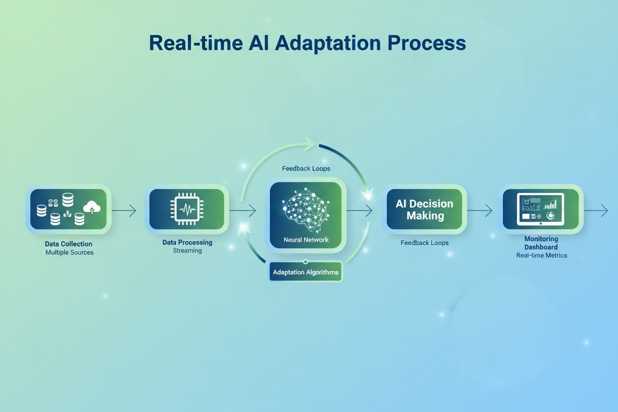 Real-time AI adaptation implementation workflow showing data collection, processing, decision-making, feedback loops, and monitoring