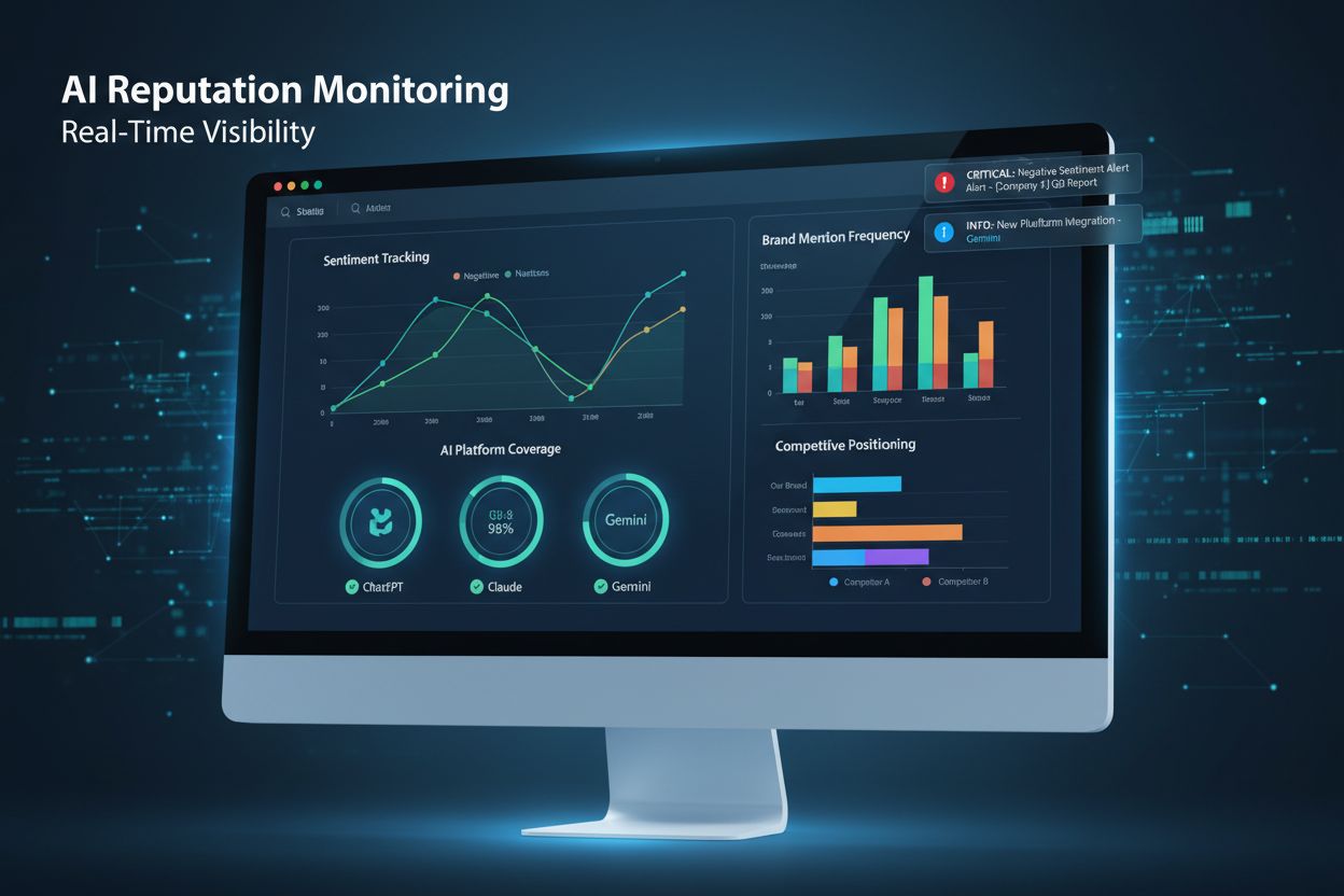 AI reputation monitoring dashboard with real-time metrics and alerts