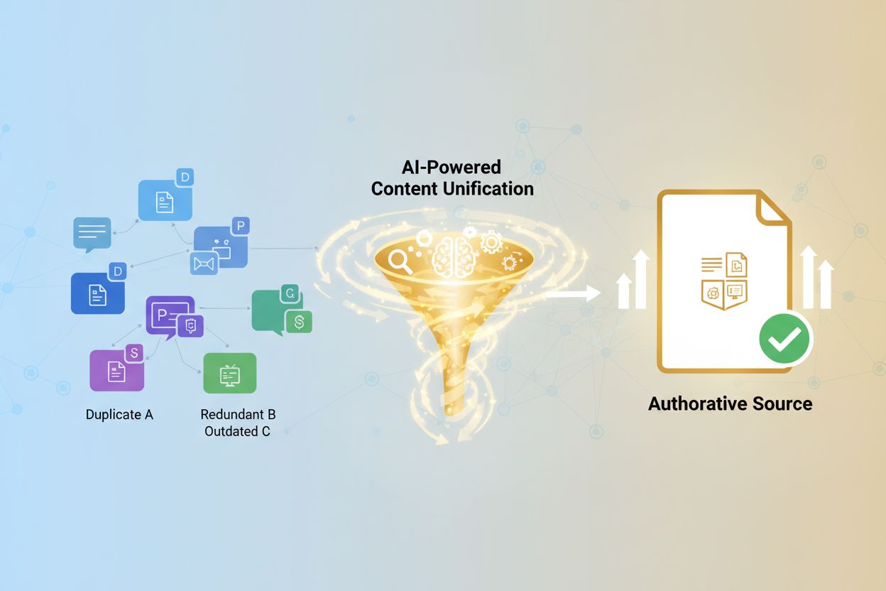Multiple content documents merging into a single authoritative source with AI visibility signals