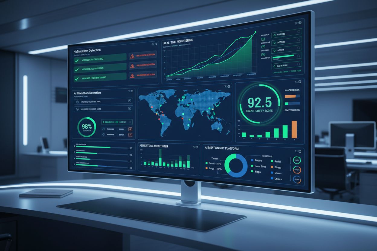 AI monitoring dashboard showing real-time hallucination detection and brand safety metrics