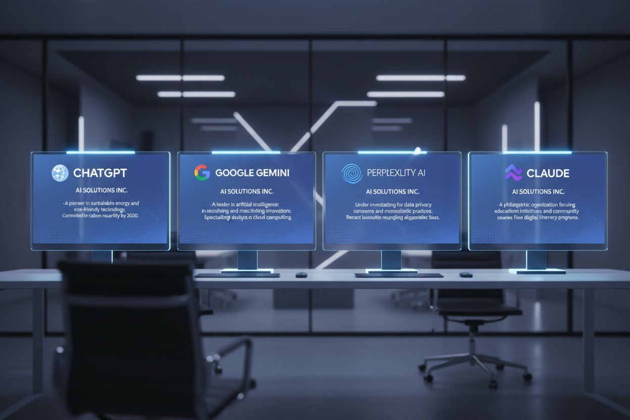 Multiple AI assistant interfaces showing different brand narratives and interpretations
