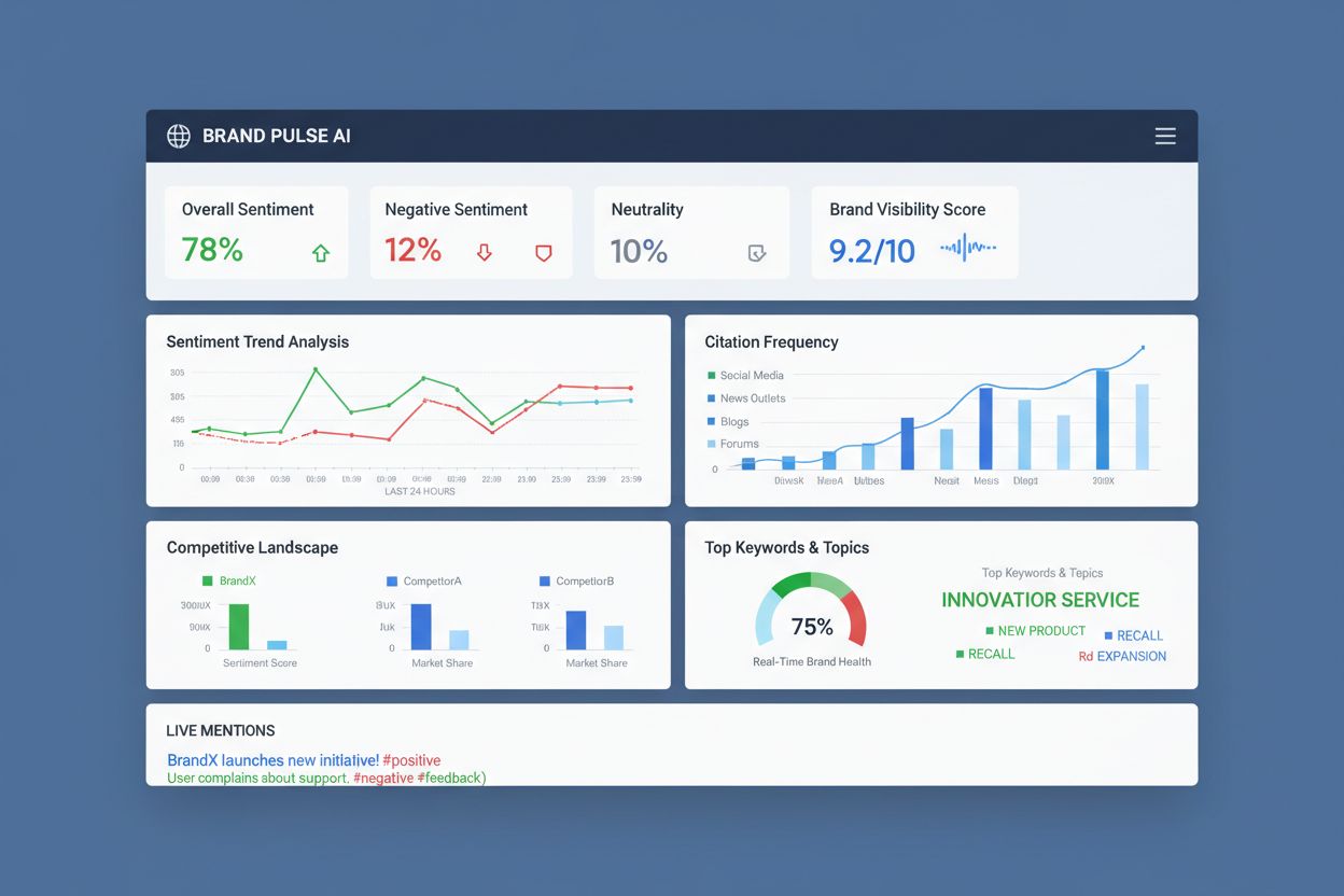 AI sentiment monitoring dashboard showing real-time metrics and competitive benchmarking