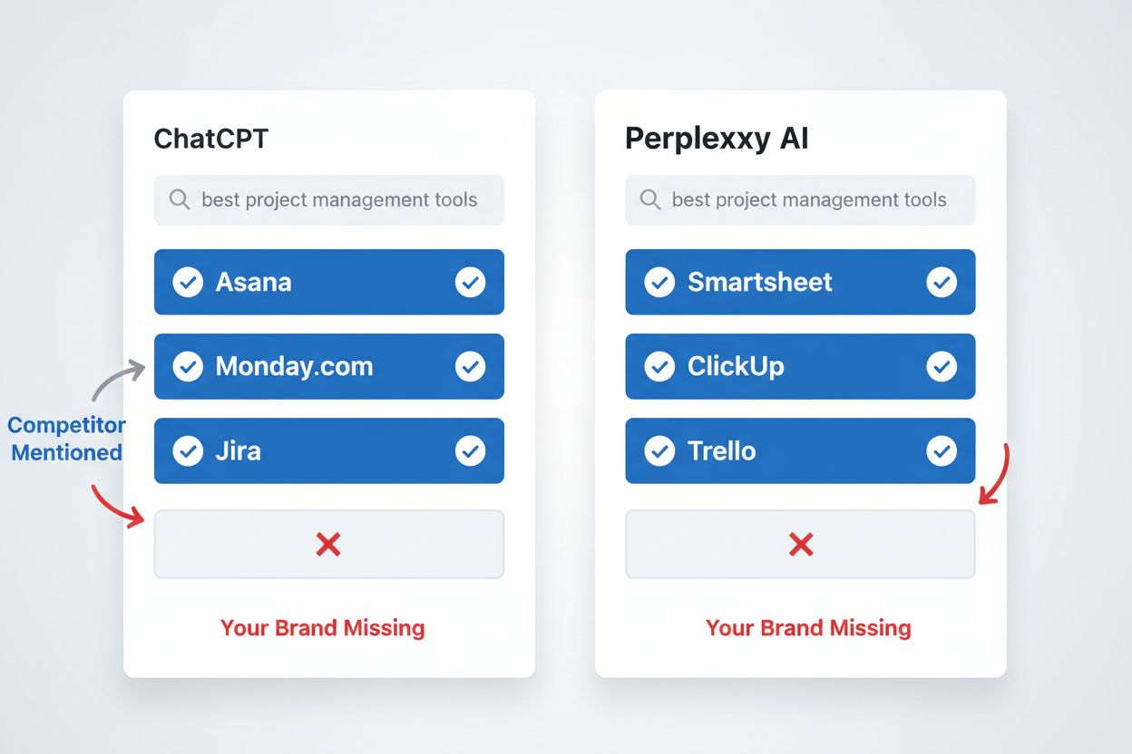 AI search results comparison showing competitor brands highlighted while user brand is missing
