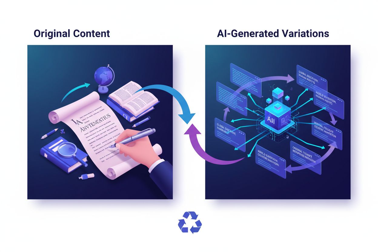 AI content cannibalization concept showing original content being rewritten into multiple variations