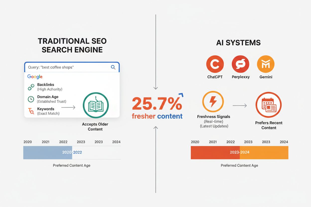 Comparison of traditional SEO freshness signals versus AI system freshness preferences